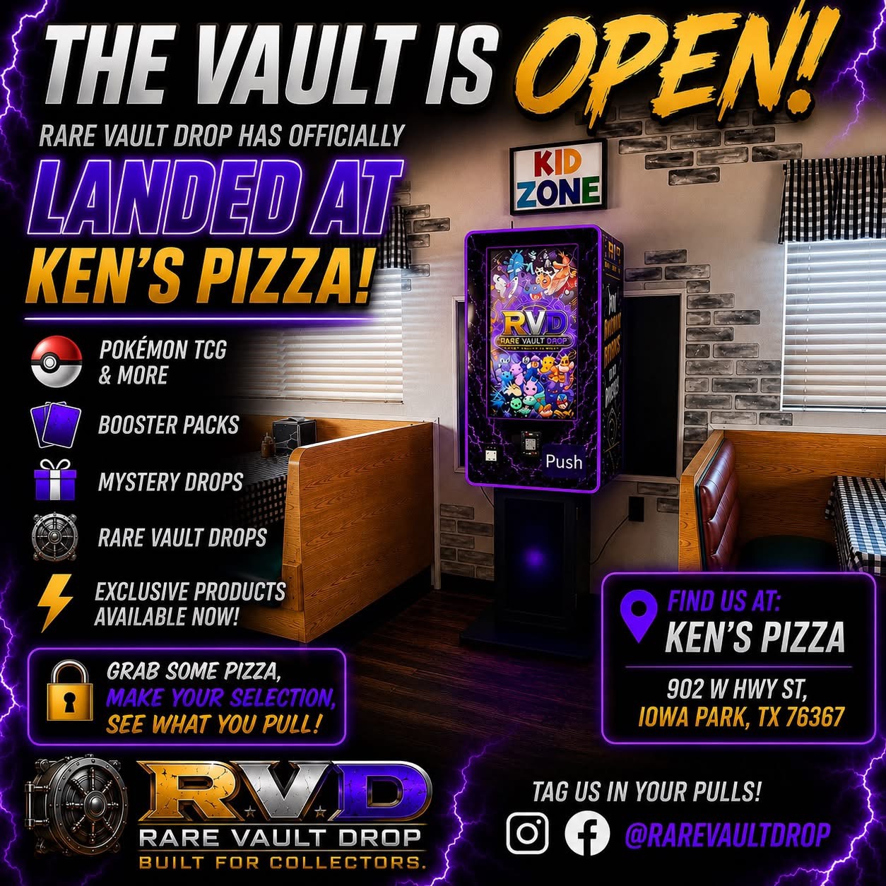 Rare Vault Drop vending machine at Ken's Pizza in Iowa Park, Texas